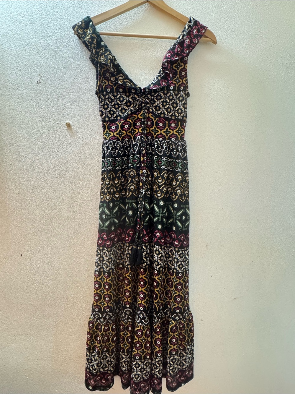 Sleeveless Black Multi-Print Tie-Front Maxi Dress